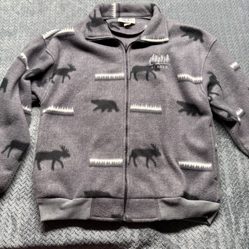 VTG Arctic Image Alaska‎ Fleece Jacket Men's L Gray Moose Bear Full Zip Y2K